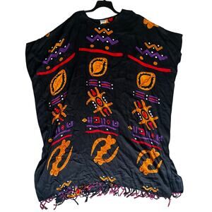 Vintage Magic India Rayon Caftan Kaftan One Size Black Fringe Boho Festival